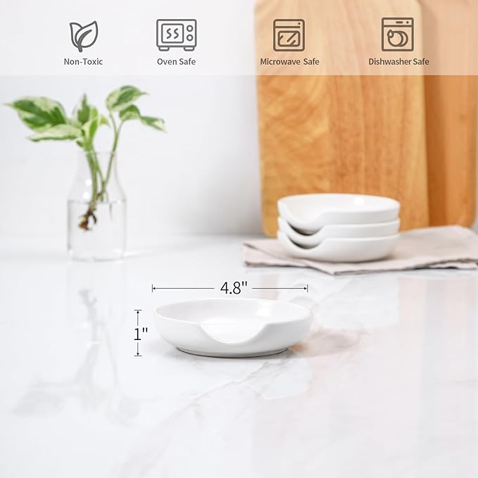 Selamica Ceramic Spoon Rest, 4.8 Inch Spoon Rest for Stove Top, Spoon Holder for Kitchen Counter, Coffee Spoon Holder, Heat-Resistant Cooking Utensil Rest for Ladles Tong, Set of 4, White