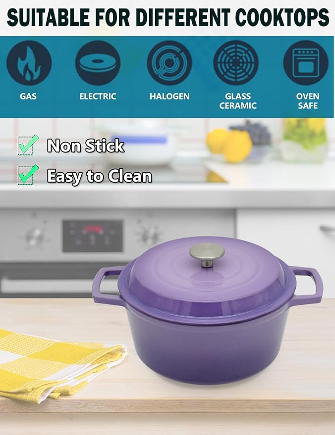 4.2 Quart Cast Iron Dutch Oven with Lid - Enameled Non-Stick Interior, Oven Safe to 500°F, Multi-Stovetop Compatible – Violet