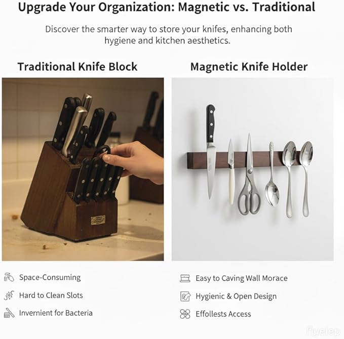 16 Inch Magnetic Knife Holder for Wall, Wall Mounted Stainless Steel Core, Walnut Finish, Kitchen Tool Storage Rack