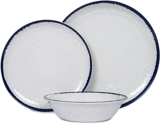 12-Piece Melamine Dinnerware Set for 4 - Retro Speckled Pattern | Lightweight & Scratch Resistant Plates & Bowls, Indoor/Outdoor Use