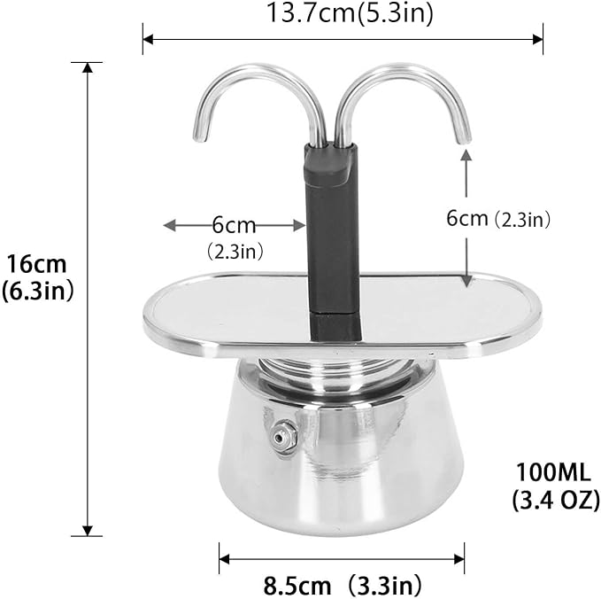 Stainless Steel Moka Pot, Moka Set includes Coffee Maker 2-Cup, 100ml Dual Pipe Stainless Steel Durable Food Grade Nonslip Thickened Strainer Widely Used Mocha Pot