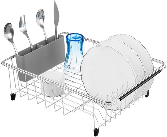 SANNO Pot Lid Organizer Pot Lid Rack Holder Drawer Plate Organizer Expandable Dish Drying Rack Sink Dishes Drainer, Dish Rack with Utensil Silverware Storage Holder