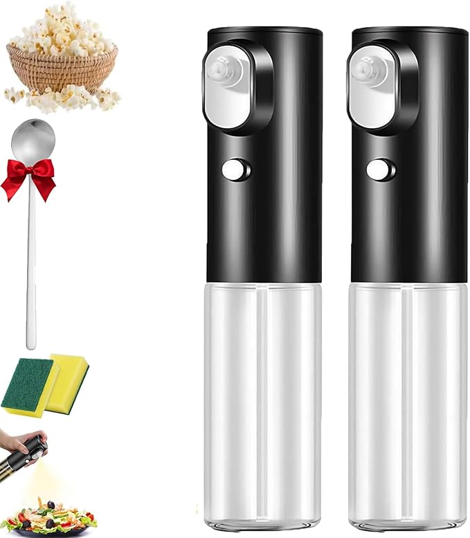 Electric Butter Sprayer for Popcorn, 200ml Rechargeable Glass Oil Sprayer Bottle, 2 Modes Continuous Fine Mist Dispenser for Cooking, Air Fryer, Baking, BBQ & Grilling (2PCS)