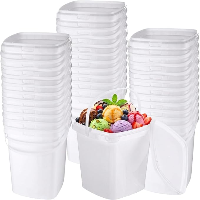 Mifoci 24 Pack 2 Qt/67 oz Thicken Plastic Buckets with Lids & Handles, Ice Cream Container, Food Grade, Freezer Safe, Sealable Square Reusable Storage Bucket, All Purpose Pails for Soup Fruit Deli