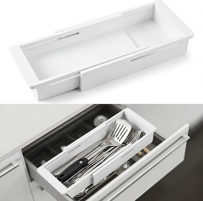 LemonRoad 2 Pcs Sliding Drawer Organizer Bin Bamboo Drawer Expandable Bins Utensil Organizer for Kitchen Spoons Forks Knives (White)