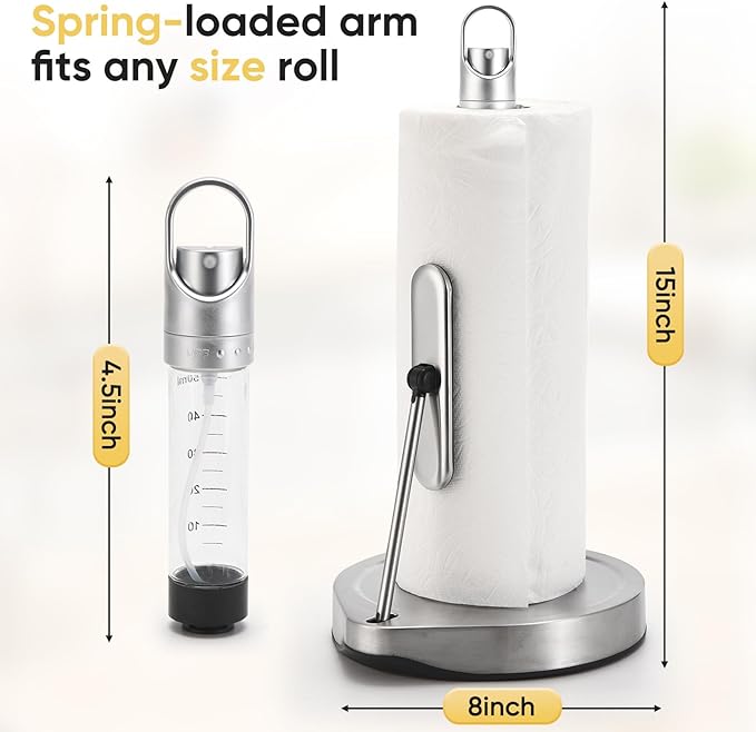 Paper Towel Holder with Spray Bottle for Kitchen Decor and Accessories - Paper Towel Holder Countertop for Kitchen Necessities - Freestanding Paper Towel Holders with Spray Pump for Home Necessities