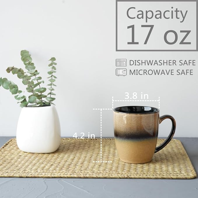 Bosmarlin Ceramic Coffee Mug Set of 4, 17 Oz, 4 Colors to Choose, Tea Cups, Dishwasher and Microwave Safe, Reactive Glaze (Walnut)