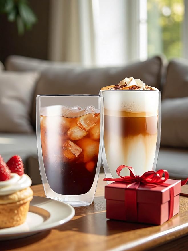 DOPUDO 17oz Double Wall Glass Coffee Mugs, Insulated Coffee Mug, Clear Borosilicate Glass Coffee Cups for Cappuccino, Tea, Lightweight and Microwave Safe