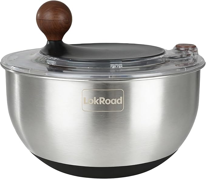Stainless Steel Salad Spinner, 5.3 Qt Large Lettuce & Vegetable Cleaner with Non-Slip Bottom, Quick Stop Button, Dishwasher Safe Fruit Washer, BPA-free, Black