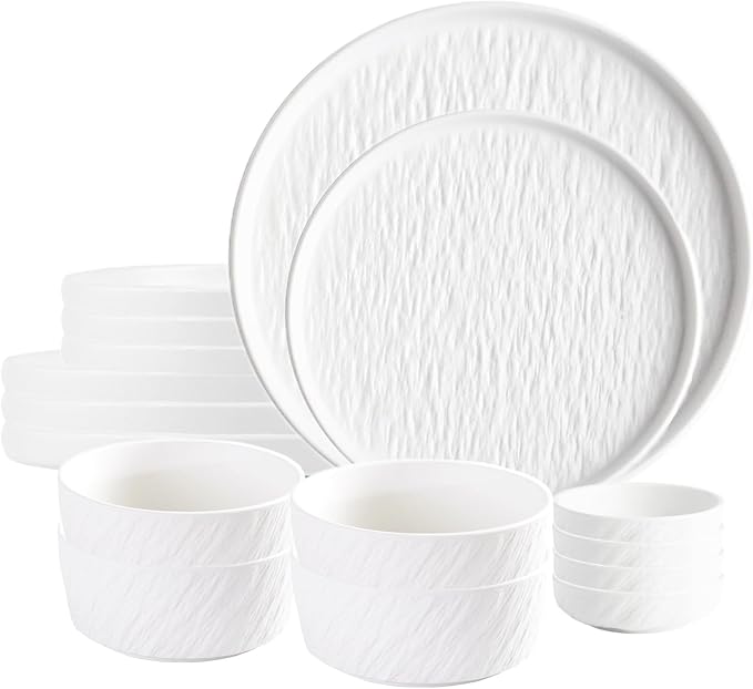 Ceramic Dinnerware set for 4 Matte White, 16 pcs, Dish set for 4 | Kitchen Plates and Bowls Set Porcelain, Rock-Textured Dishware Sets Stoneware Dinner Plates Sets Platos de Cocina Vajilla