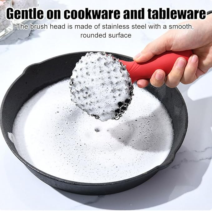 Cast Iron Cleaner, Stainless Steel Cast Iron Scrubber with Silicone Handle, Portable Kitchen Cleaning Brush for Kitchen Pots Pans Sink
