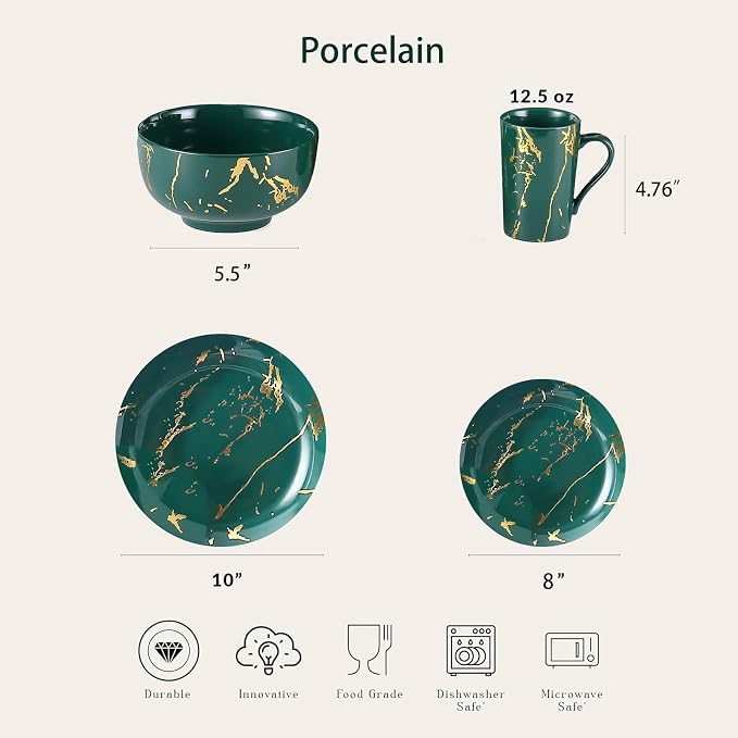 Microwave Safe Porcelain Green and Gold Dinnerware Set for 4 – 16 Piece Stackable Plates and Bowls Sets with Gold Accents