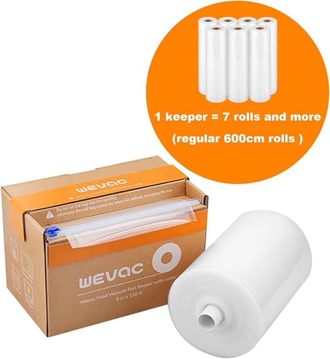 Wevac 8” x 150’ Food Vacuum Seal Roll Keeper with cutter, Ideal Vacuum Sealer Bags for Food Saver, BPA Free, Commercial Grade, Great for storage, meal prep and Sous Vide (8" x 150')