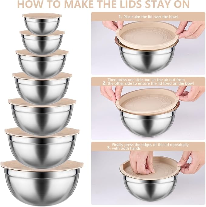 Leidawn Mixing Bowls with Lids set - 25 PCS Stainless Steel Nesting Khaki Mixing Bowls Set for Baking,Mixing,Serving & Prepping,Size 5, 3.7, 2.8, 2.3, 1.7, 1.1, 0.7QT, 11 Cooking