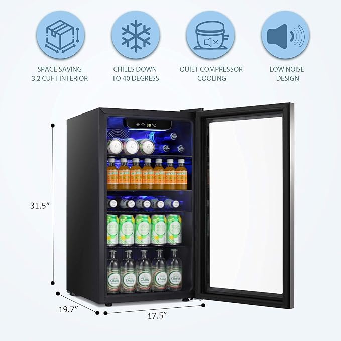 Antarctic Star Beverage Refrigerator Cooler -120 Can Glass Door Mini Fridge, for Soda Cola Beer or Wine Constant Glass Door Small Drink Dispenser Clear Front for Home, Bar 3.2cu.ft