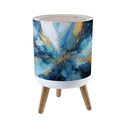 Trash Can with Lid Abstract visual blue marble style painting glitter gold veins white Press Top Round Small Garbage Bin with Wooden Legs Waste Basket for Kitchen Bedroom Nursery 7L/1.8 Gallon