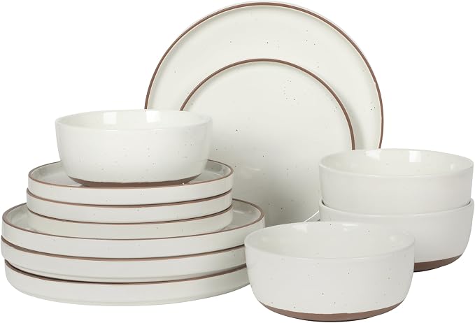 Gibson Elite Northrock Stoneware Dinnerware Set, 12-Piece Service for 4 Plates and Bowls Set – White Dishes with Hand-Painted Terracotta Base
