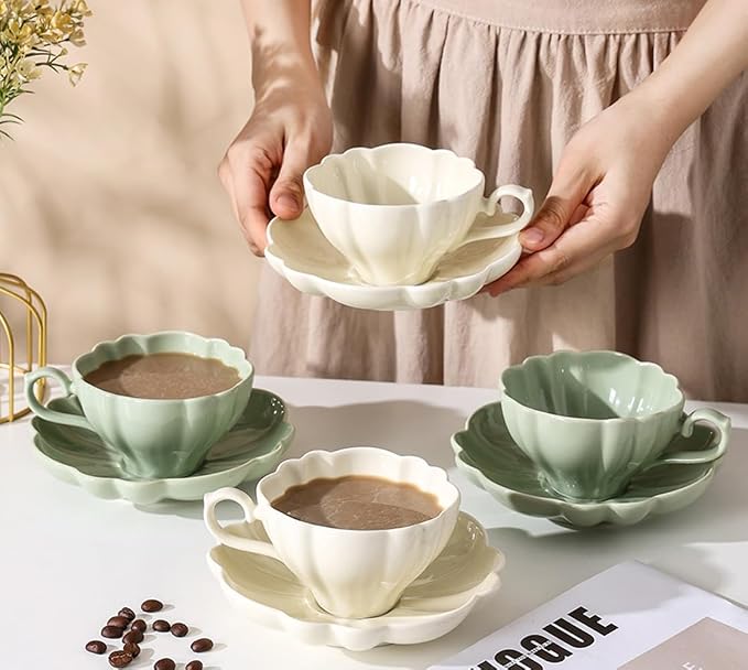 Flower Shaped Ceramic Coffee Cup Teacup with Saucer, Set of 2