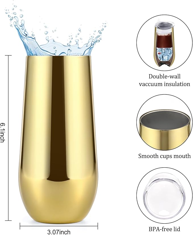 Lifecapido 2 Pack Insulated Stainless Steel Tumblers, 12 oz Stemless Flutes, Insulated Champagne Glass for Party Wedding Christmas Birthday, Gold Plating