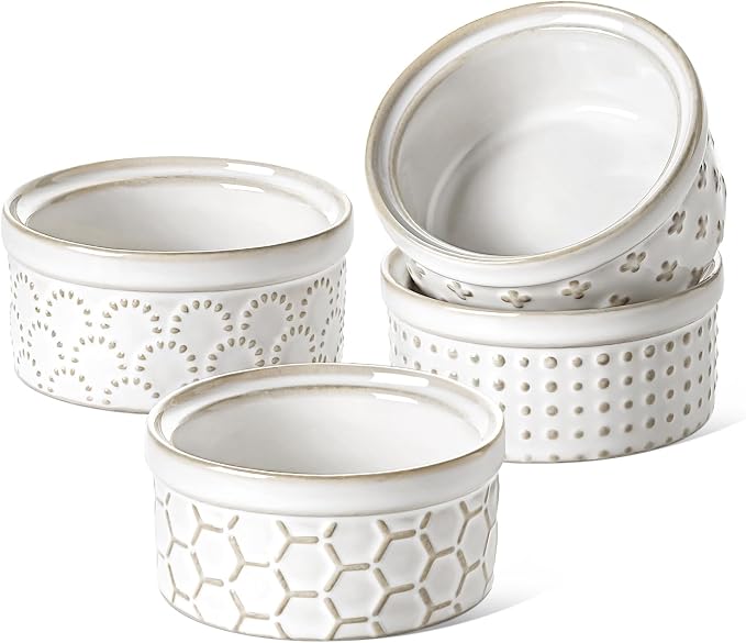 LE TAUCI Ramekins 2 oz Oven Safe, Sauce Dip Bowls for Charcuterie Boards, Small Sauce Bowl, Ceramic Baking Dishes for Creme Brulee - 3 inch, Set of 4, Arctic White