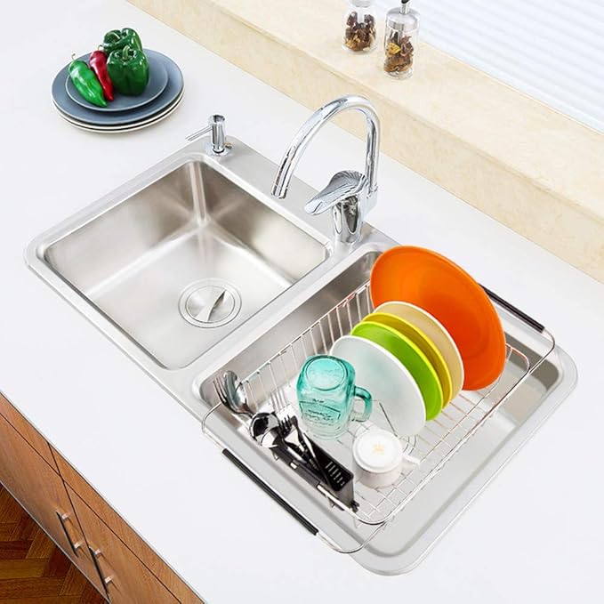 SANNO Expandable Pull Out Cabinet Organizer Kitchen Sliding Shelf, Modern Silver Stainless Steel Dish Drying Rack Over The Sink