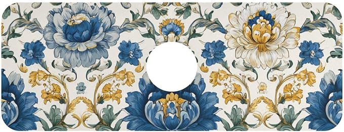 Kitchen Sink Splash Guard 1 PC 14.7 Inch Sink Faucet Mat Splash Guard for Bathroom Countertop Water Absorbent Foldable Cuttable Soft Washable Royal Floral Blue and Yellow Tile