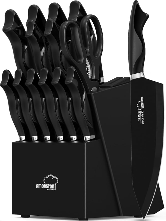 Knife Set, 15 Pieces Kitchen Knife Set with Built in Sharpener, German High Carbon Stainless Steel Knife Block Set, Dishwasher Safe, Black, Fathers Day Gift for Men