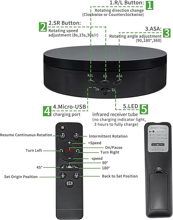 Remote Motorized Rotating Display Stand Turntable Motorized Lazy Susan with 5.74/7.08/8.66 inch Replacement Cover for Photography Products and Shows (Black)
