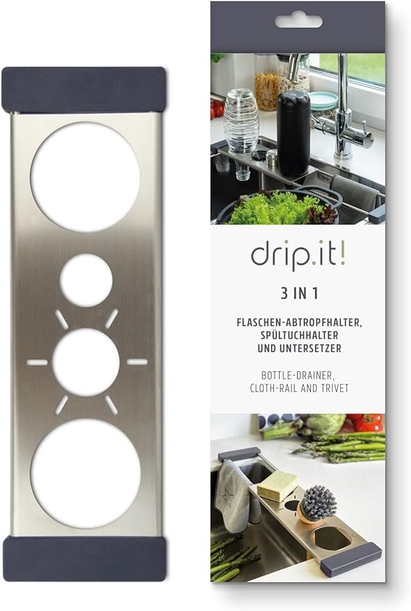 Sanni Shoo Drip.it | Stainless Steel Sink Caddy, Multifunctional & Space-Saving | Bottle Holder, Compatible with Sodastream Aqua Fizz, Penguin & Other Bottles | Drainer & Organizer