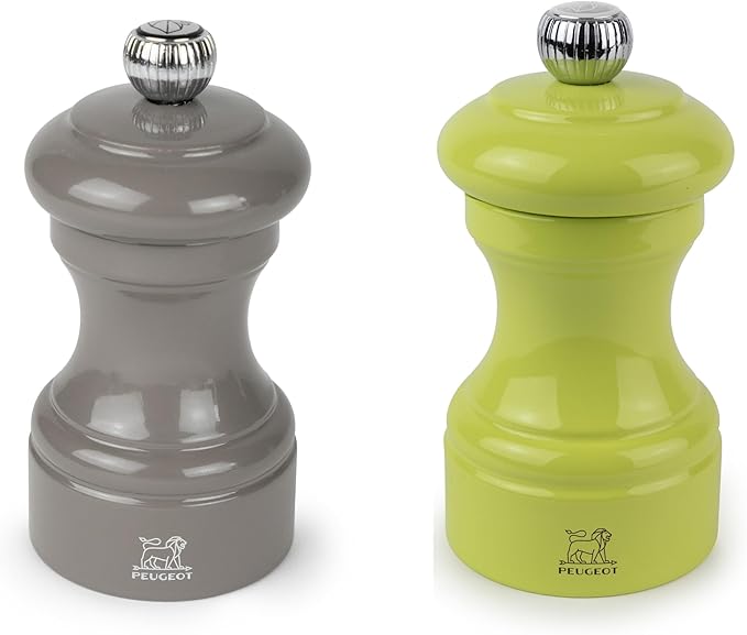 Peugeot Bistro Pepper and Salt Mill Set, 4in - Beechwood Mills with Adjustable Grinding - For Peppercorns and Rock Salt, Corrosion-Resistant - Essential Kitchen Tools (Grey/Pistachio)