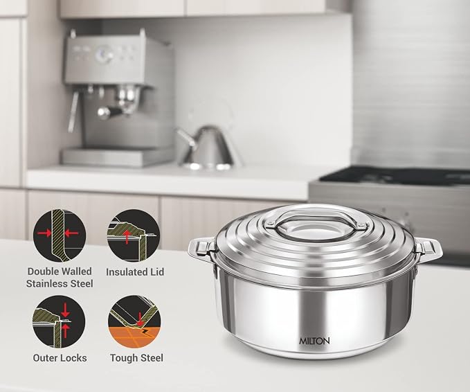Milton Stainless Steel Casserole Hot Pot 40 Oz (1000 ML) – Serving Bowl with Lid for Hot Food, PU Insulated Design Keeps Food Warm for Hours, Food Container for Home, Kitchen & Dining, Galaxia 1000, Silver