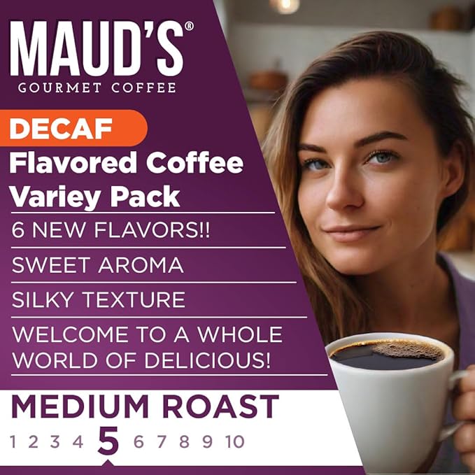 Maud's Flavored Decaf Coffee Pods Variety Pack, 24 ct, 6 Assorted Roasts & Flavors, Decaf Medium Roast Coffee in Single Serve Pods - 100% Arabica Coffee, Compatible with Keurig K Cups Maker