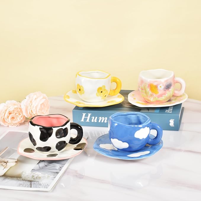 Koythin Ceramic Coffee Mug with Saucer, Cute Unique Handmade Cup for Women for Office and Home, Dishwasher and Microwave Safe, 10 oz/300 ml for Latte Tea Milk (Dark Blue Sky and White Clouds)