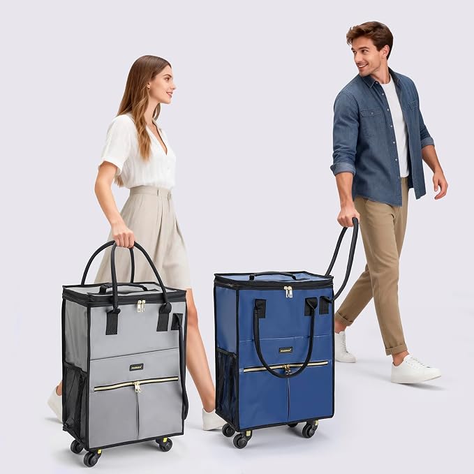 Reusable Grocery Bag on Wheels, Foldable Rolling Duffle Bag, Carry on Luggage Bag with Handle and Zipper Cover for Travel, Lightweight Rolling Tote Shopping Carts (Matte-Navy Blue, Small_41L)