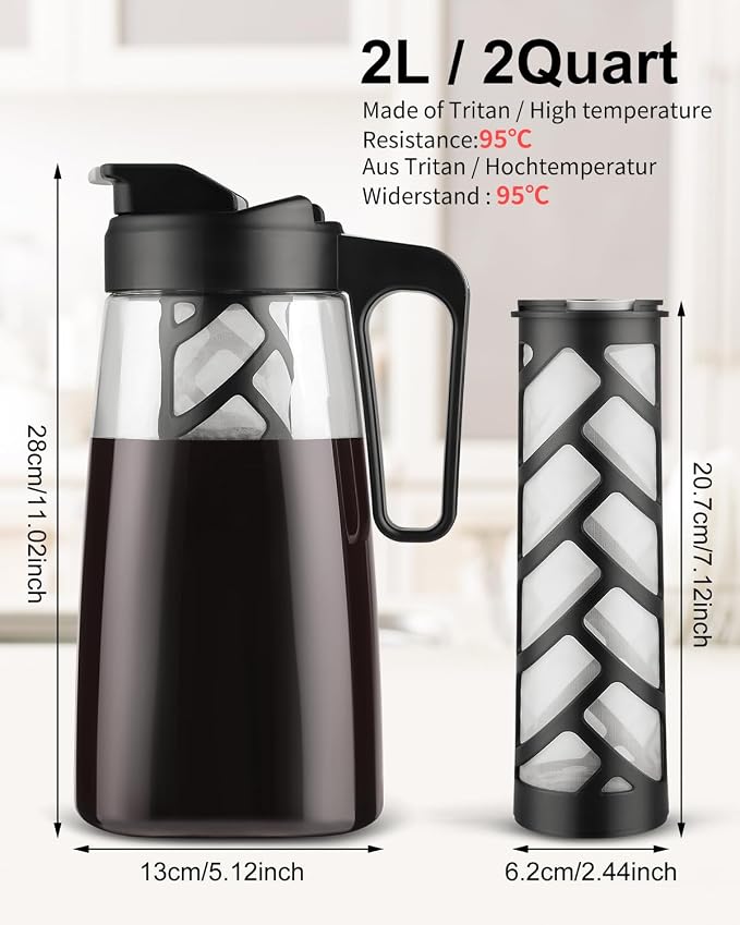 Sivaphe Large Ice Cold Coffee Maker 64 oz, Dishwasher Safty Traitan Carafe Pitcher Leak Proof, Iced Hot Coffee/Tea Brewer Method 2 Quart with Reusable Filter