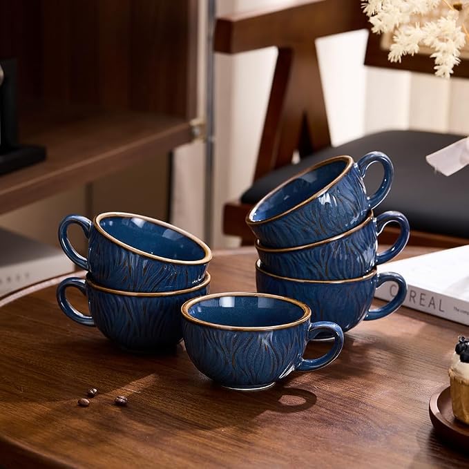 Coffeezone Set of 6 Vintage Design 12 oz Professional Barista Ceramic Latte Art Cappuccino Cups Set (Wave Blue)