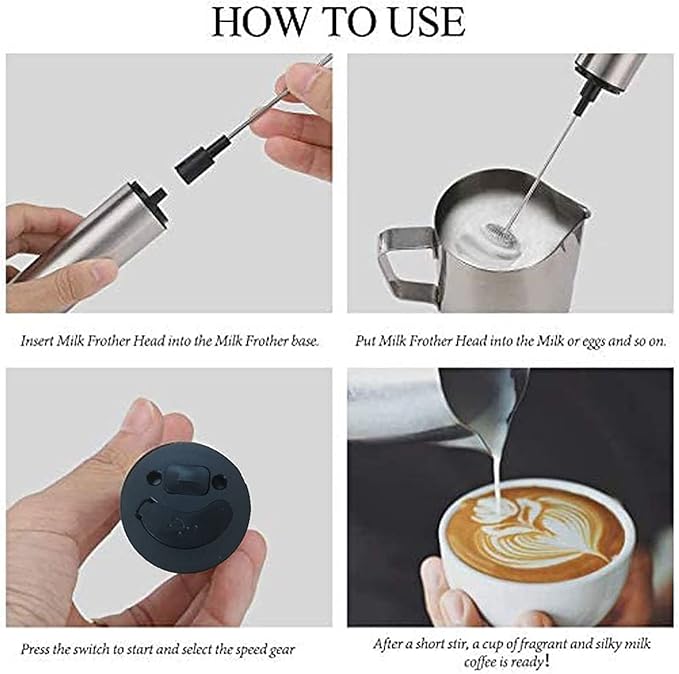 Electric Milk Frother Stainless Steel Handheld Mini Milk Mixer USB Rechargeable with LED Power Display - Quiet Operation, Detachable Head, Portable for Coffee and Kitchen Use