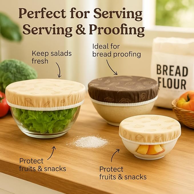 Beeswax Bowl Covers Set of 5 – Reusable Elastic Bowl Covers for Dough Proofing, Salad & Fruit Storage – Washable, Eco-Friendly Food Storage Alternative to Plastic Wrap