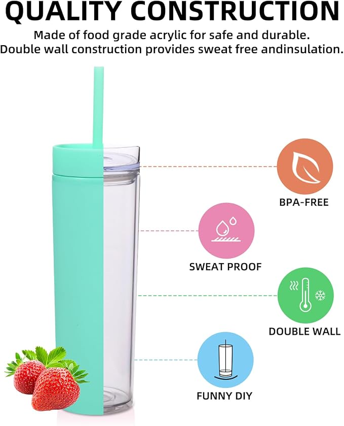 Volhoply 16oz Plastic Skinny Tumbler With Lid and Straw Bulk 4 Pack,Insulated Double Wall BPA Free Matte Acrylic Tumblers,Iced Coffee Travel Mug Reusable Party Cup,Customizable Diy Gifts(Green,4 Set)