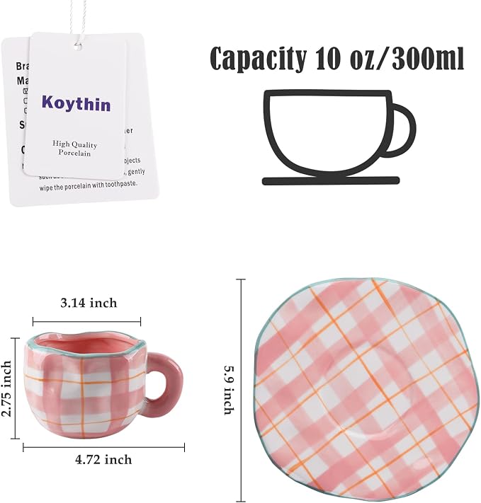 Koythin Ceramic Coffee Mug, Cute Pink Cup for Women with Saucer for Office and Home, Dishwasher and Microwave Safe, 10 oz/300 ml for Latte Tea Milk (Pink Check)