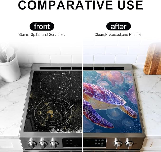 Stove Top Cover for Electric Stove 28.4 x 20.5 Inch Non Slip Stove Mat Sea Turtle Jellyfish Glass Cooktop Protector Kitchen Counter Mat