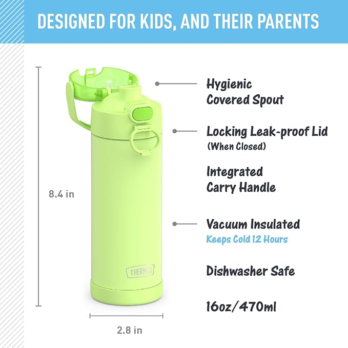 THERMOS FUNTAINER 16 Ounce Stainless Steel Vacuum Insulated Bottle with Wide Spout Lid, Neon Lime