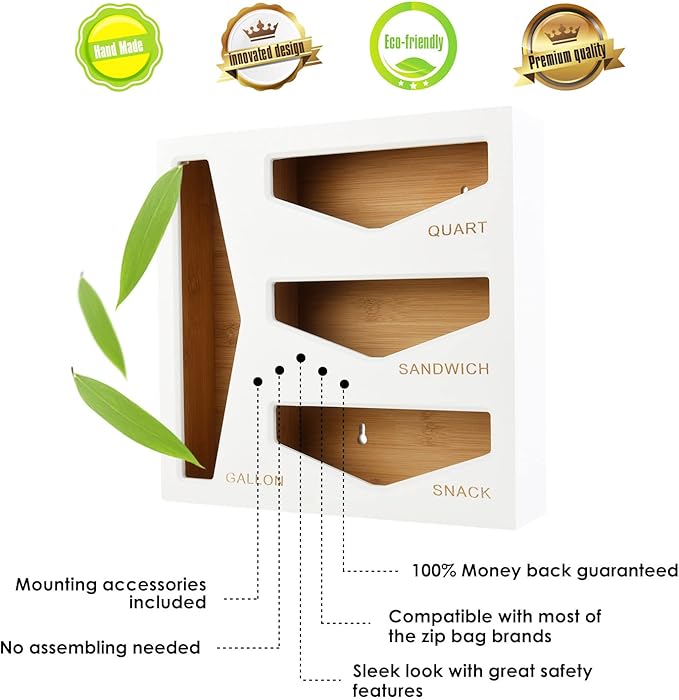 Cozee Bay Bamboo Bag Storage Organizer for Kitchen Drawer, Baggie organizer, Compatible with Gallon, Quart, Sandwich and Snack Variety Size Bags (White)