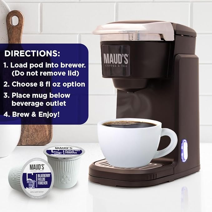 Maud's Blueberry Flavored Coffee Pods, 50 ct, Medium Roast Flavored Coffee in Single Serve Pods – 100% Arabica Beans, Compatible with Keurig K Cups Maker