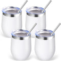 Volhoply 12oz Stainless Steel Wine Tumbler with Lid Bulk 4 Pack,Double Wall Vacuum Stemless Wine Glasses,Reusable Metal Travel Coffe Mug with Straw,Insulated Cup Gifts for Women,Christmas（White,4 Set）