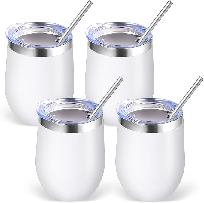 Volhoply 12oz Stainless Steel Wine Tumbler with Lid Bulk 4 Pack,Double Wall Vacuum Stemless Wine Glasses,Reusable Metal Travel Coffe Mug with Straw,Insulated Cup Gifts for Women,Christmas（White,4 Set）