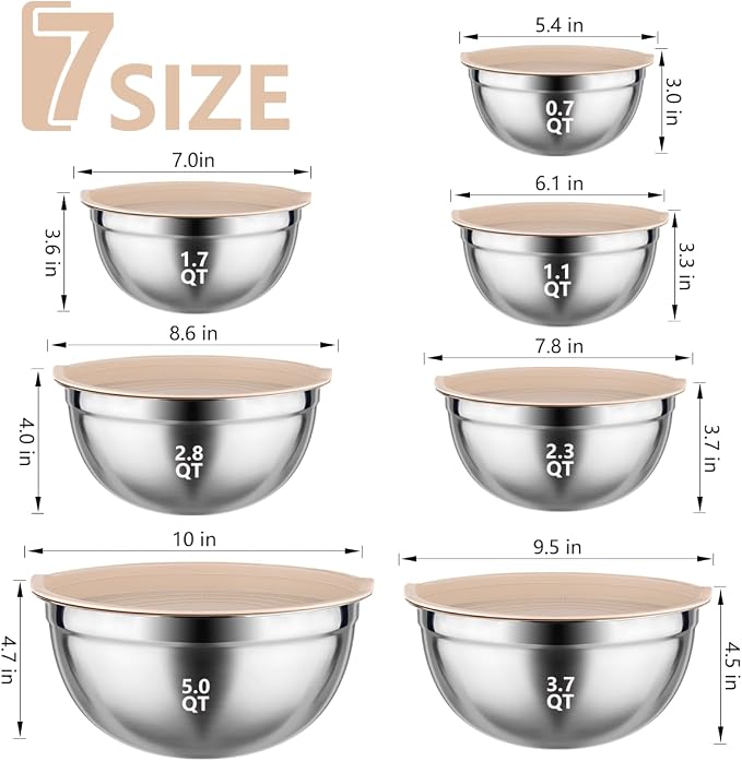 Leidawn Mixing Bowls with Lids set - 25 PCS Stainless Steel Nesting Khaki Mixing Bowls Set for Baking,Mixing,Serving & Prepping,Size 5, 3.7, 2.8, 2.3, 1.7, 1.1, 0.7QT, 11 Cooking
