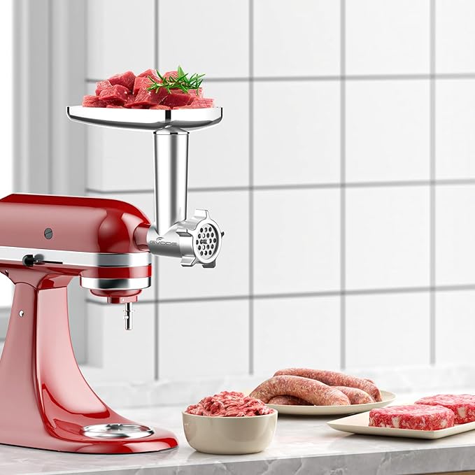 Metal Meat Grinder Attachment for KitchenAid Stand Mixer, Meat Grinder for Kitchen Aid Includes 4 Grinding Plates, 3 Sausage Stuffer Tubes, 2 Grinding Blades, Food Grinder Attachment for KitchenAid