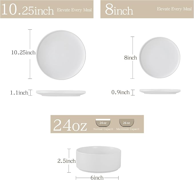 24 Piece Dinnerware Set, Modern Minimalist Stoneware Plates and Bowls Sets, Modern Dinner Plate, Salad Plate, Cereal Bowl, Dish Set for 8, Microwave and Dishwasher Safe, Matte White