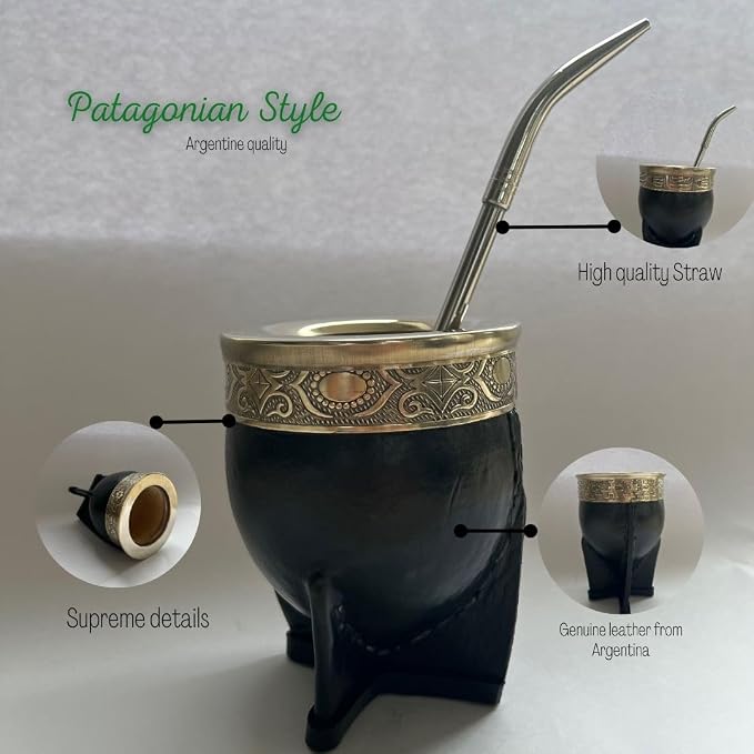 Mate Imperial Argentino, With Straw Tea Gourd Mug One Bombilla Mate (Straw), Wrapped Handmade Leather, Includes Premium Packaging(black)